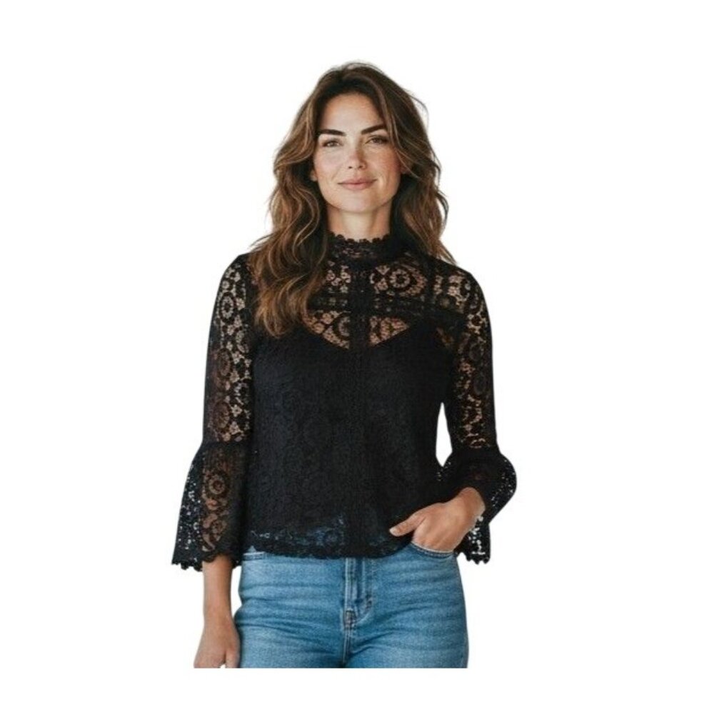 Beulah Style Black Lace Mock Neck top with Trumpet Sleeves - Size S